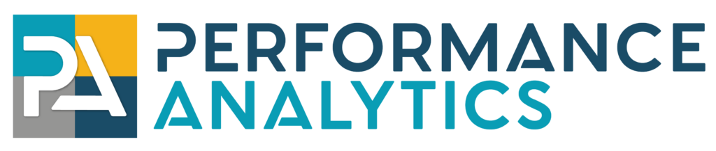 Logo for Performance Analytics, 4 squared checkered design with a capital PA. All caps logo text in blue and teal beside it.